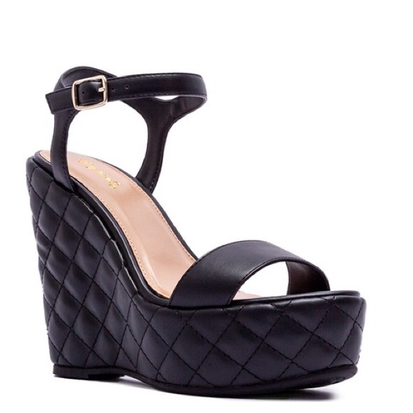 Qupid Shoes - Size 8.5 Last Chance Qupid Black Quilted Faux Leather Ankle Strap Platform Wedge